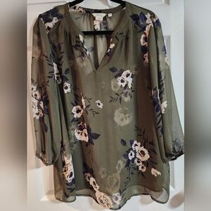 Reitmans Floral Blouse, Size XL, Khaki Green and Floral